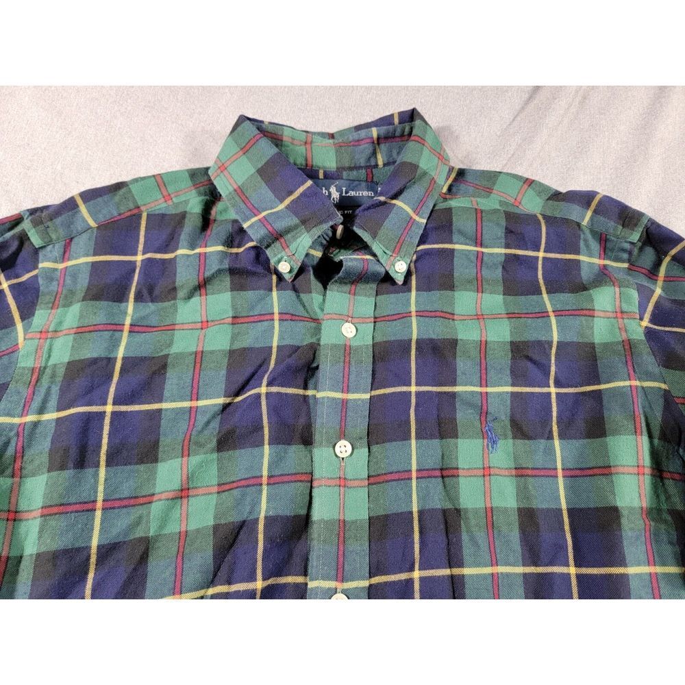 Ralph Lauren Classic Fit Mens Large Button up Shirt, Blue, Green Plaid Christmas